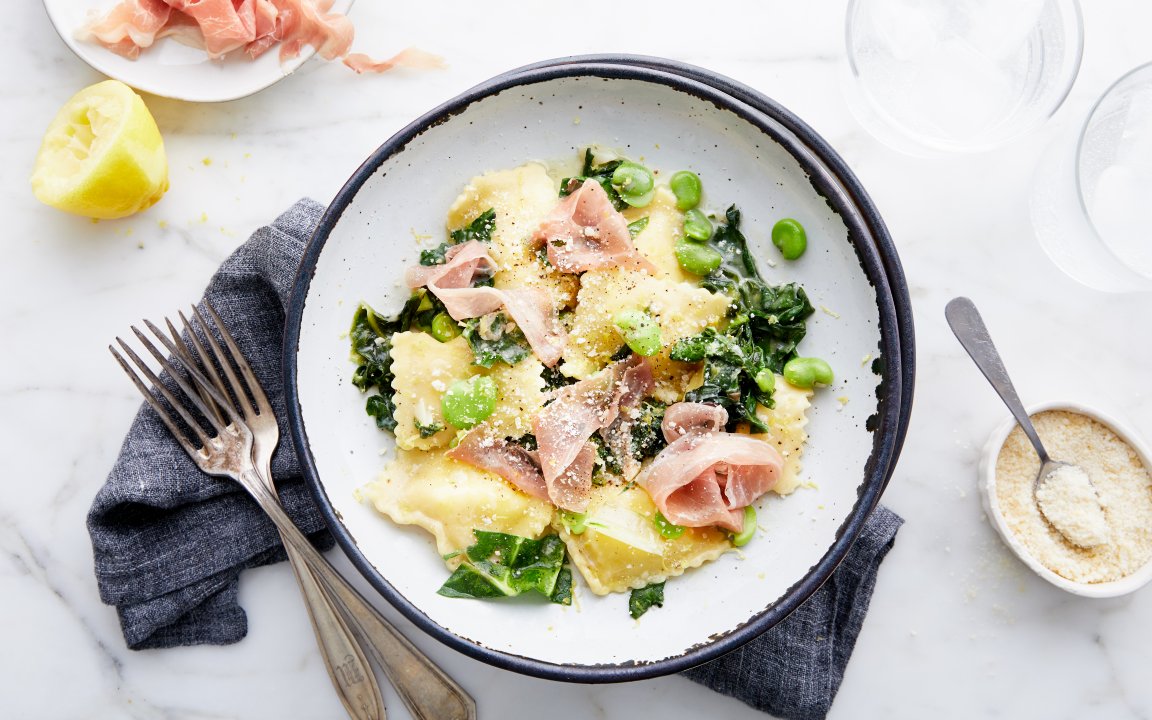 Ravioli with Green Beans and Prosciutto